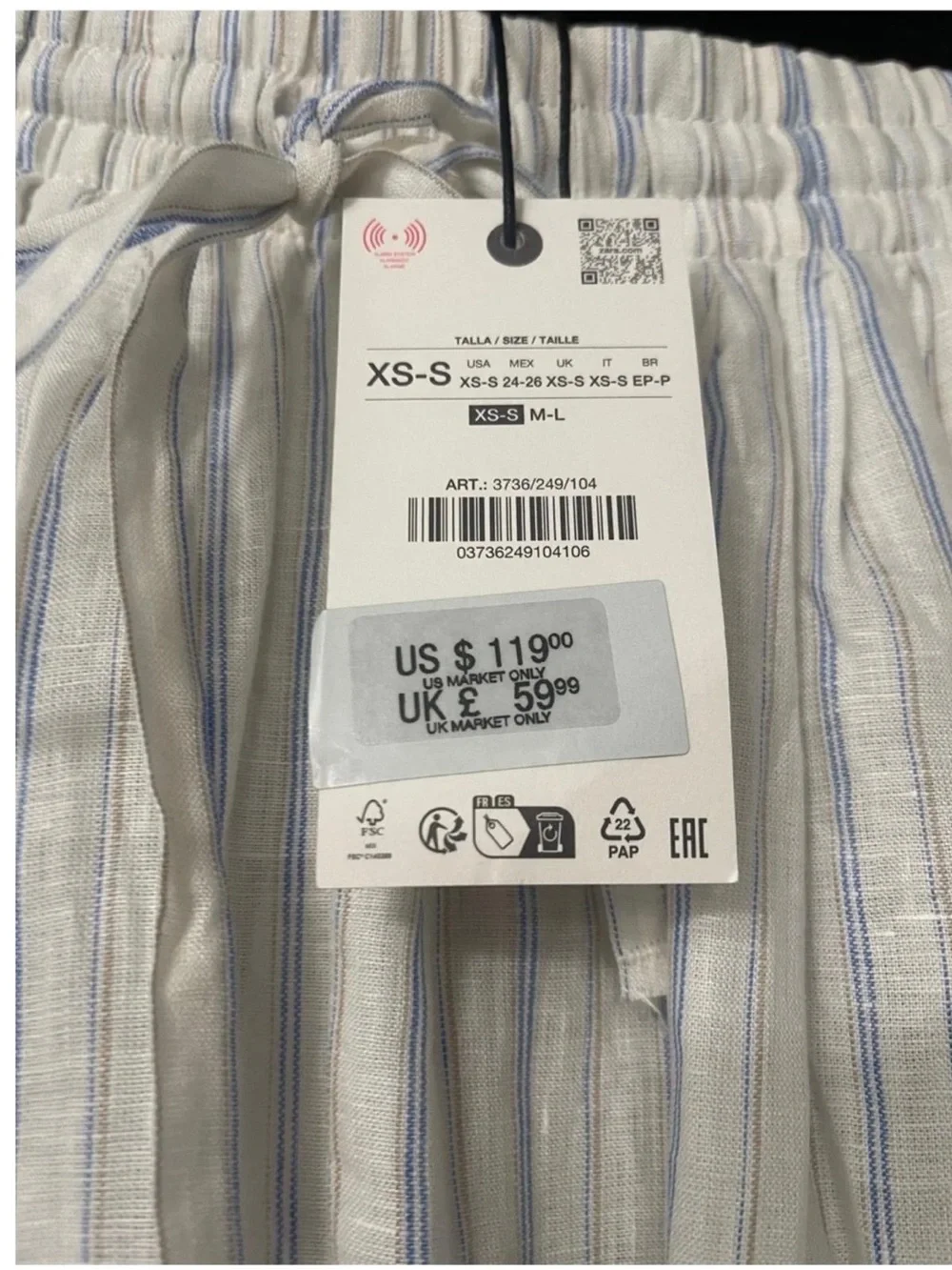 Zara ZW Womens Balloon Pants Trousers XS S White blue striped Linen NWT